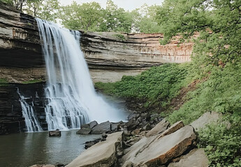 Obraz premium Majestic White Waterfall Cascading into a Serene Pool Surrounded by Lush Greenery in Cuyahoga Valley National Park, Capturing the Essence of Nature's Beauty