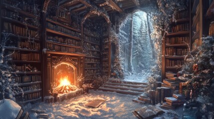A cozy, snowy library with a fireplace, books, and a serene winter landscape outside.