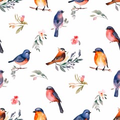 Fototapeta premium Colorful birds and delicate flowers create a vibrant pattern on a white background