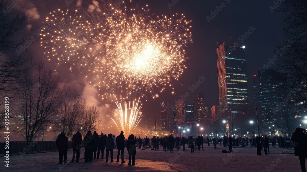 Poster fireworks display over city skyline with silhouetted spectators