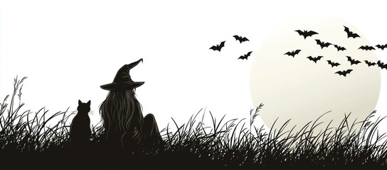 Obraz premium Mysterious witch silhouette sitting alongside a black cat, observing flying bats against a full moon backdrop. Magical and spooky ambiance at twilight.