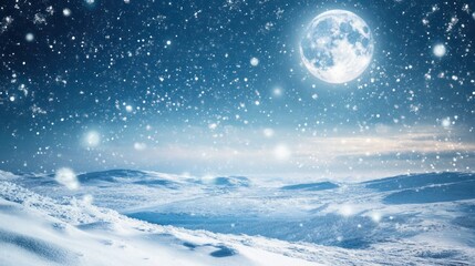 A serene winter landscape under a bright moon, with falling snowflakes and distant hills.