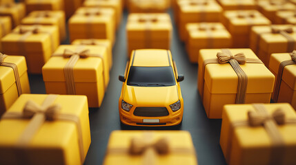 Yellow car in the middle of many yellow delivery trucks