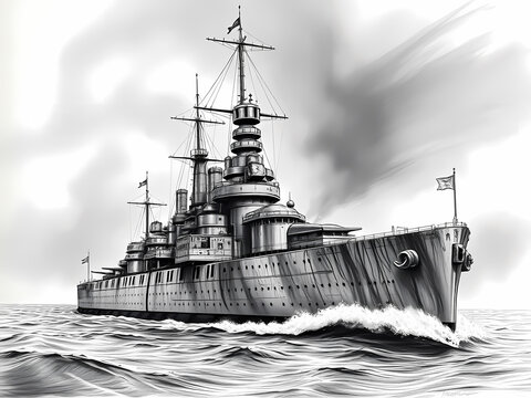 black and white charcoal style illustration of an old dreadnaught style battleship