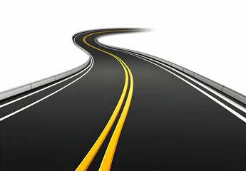 Isolated Curving Asphalt Road with Clear White Background Highlights the Smooth Lines and Bright Yellow Markings for Use in Travel and Design Projects