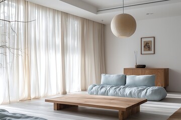 Minimalist, light blue sofa and furniture This is a mid century modern interior in a good living room. Generative AI
