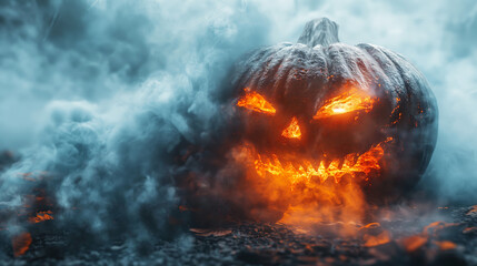 Halloween pumpkin emerges from thick fog