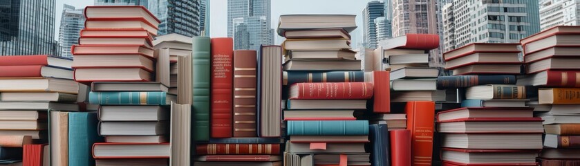Stacked Novels Against a City Skyline