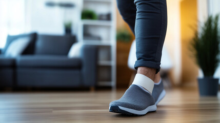 Obraz premium Focus on a man's heel with a bandage around his Achilles tendon, hinting at injury recovery, with home decor slightly blurred in the background.