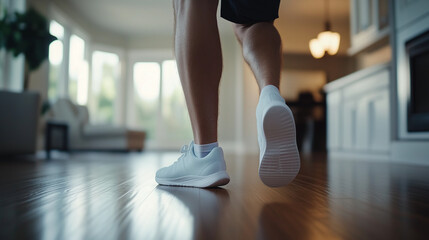 Man stretching his calf muscle on a step while holding his painful Achilles tendon, showing relief techniques in a home setting.