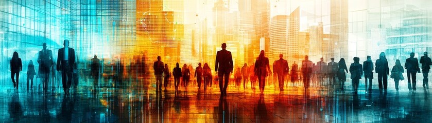 Fototapeta premium A colorful silhouette of people against a vibrant backdrop, symbolizing diversity, connection, and collaboration in a modern urban setting.