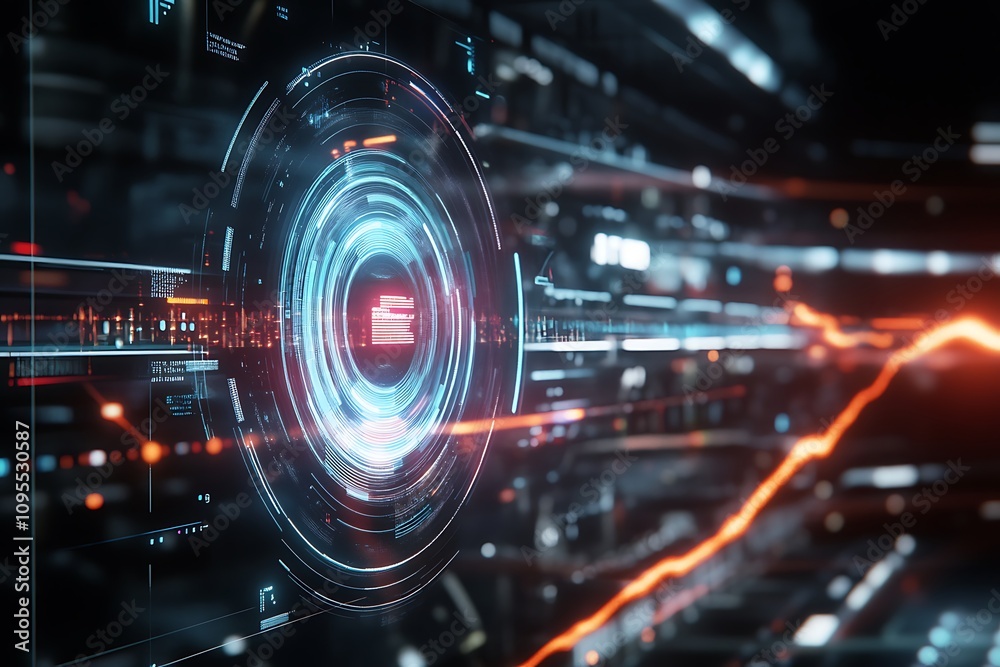 Poster abstract digital design featuring a glowing circular interface and dynamic lines.