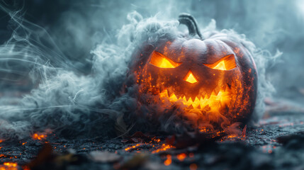 Scary pumpkin with teeth and glowing eyes for Halloween smokes