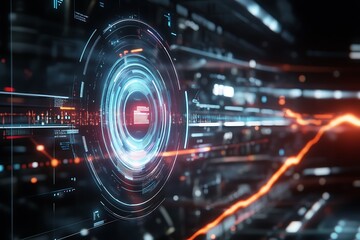 Abstract digital design featuring a glowing circular interface and dynamic lines.