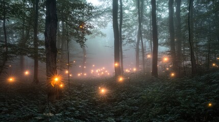 Fototapeta premium A serene forest scene illuminated by glowing orbs, creating a magical atmosphere.