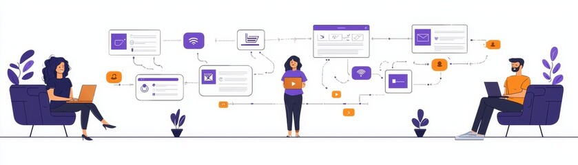 Three individuals communicate in a digital workspace, surrounded by chat bubbles and plants, illustrating remote collaboration and interaction.