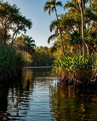 A view from a boat cruising through the everglades in the late afternoon sunlight. Eerie and sinister. AI generated illustration.