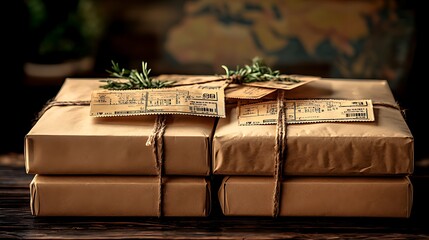 Stack of vintage brown paper wrapped packages tied with twine and decorated with old train tickets.