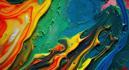 Abstract close-up of colorful oil paints blending on a textured canvas