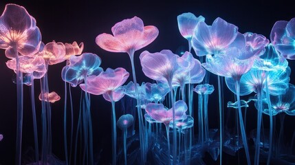Ethereal glowing flowers in a dark setting, creating a surreal and enchanting atmosphere.