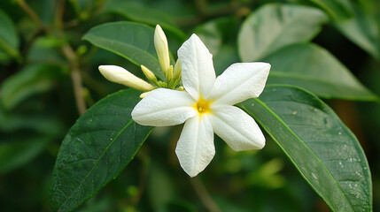 Fototapeta premium close up view of single jasmine flower showcasing intricate details, surrounded by lush green leaves. delicate white petals and yellow center create serene and calming atmosphere