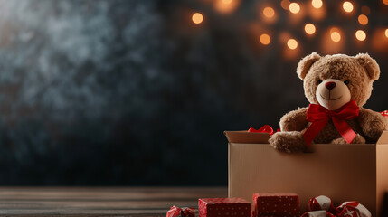 A donation box overflowing with various toys, topped by a cuddly teddy bear with a red bow, set against a soft, festive background that radiates kindness and generosity.