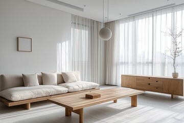 Fototapeta premium Minimalist, modern japandi interiors in living rooms with sofas and wood furniture. Generative AI 