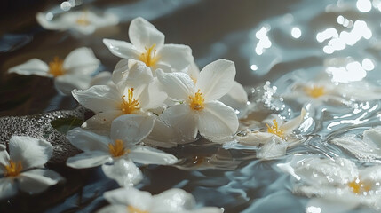 Delicate white jasmine blossoms float gracefully on shimmering water, creating serene and tranquil atmosphere. soft petals contrast beautifully with rippling surface