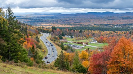 Naklejka premium Scenic Autumn Landscape with Colorful Foliage and Winding Road in Rural Area Surrounded by Mountains and Dramatic Sky in New England Region