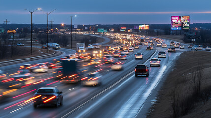 A bustling highway with blurred cars and trucks passing by, framed by billboards and signs glowing in the twilight.