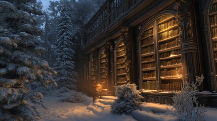 A snowy landscape featuring a grand library with illuminated bookshelves.