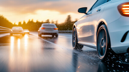 Naklejka premium A close-up shot of blurred cars on a highway, with a focus on the tire spray from a rainy road.