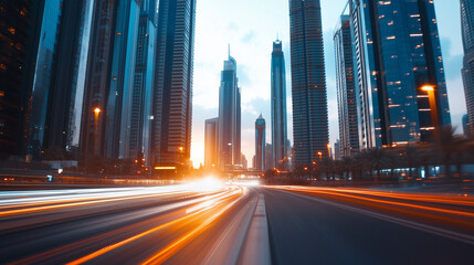 A blurred perspective of a highway leading into a sprawling cityscape, with towering buildings illuminated by golden hour light.