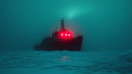 Obraz premium A distant shot of the icebreaker under the ethereal glow of the northern lights, its red silhouette contrasting the icy tundra.