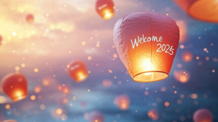 Obraz premium Glowing Lanterns with Welcome Message in Twilight Background