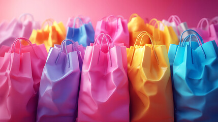 Multicolored colorful bags on pink background shopping concept