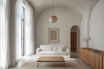 Minimalist, modern japandi interiors in living rooms with sofas and wood cabinets. Generative AI
