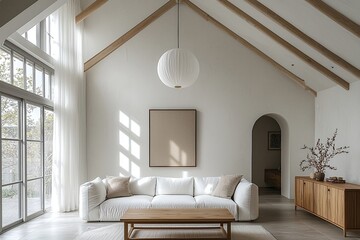Fototapeta premium Minimalist, contemporary Scandinavian interiors in the living room with windows and white curtains and a view of sofa and furniture. Generative AI 