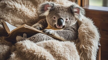 Obraz premium Adorable Koala Comfortably Nestled in Warm Fur Blanket Reading Book in Cozy Environment