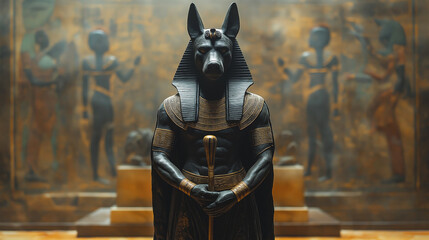 A life-size Egyptian Anubis stands in an Egyptian room