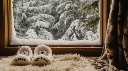 Cozy Indoor Scene with Fuzzy Winter Slippers on Soft Rug, Snowy Landscape Visible Through Window, Evoking Warmth and Comfort in Chilly Weather