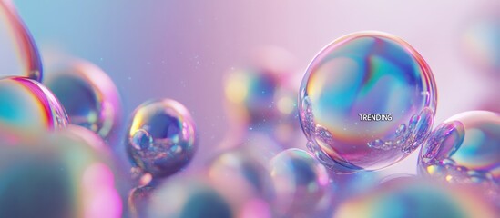 "TRENDING" in holographic metallic texture, futuristic style, shiny rainbow effect, soft shadows