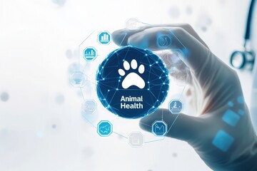 A hand in a medical glove interacts with a digital interface displaying animal health information.