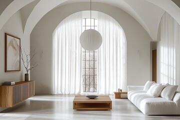 Minimalist, Scandinavian interior of living room with arched structure and sofa and table. Generative AI
