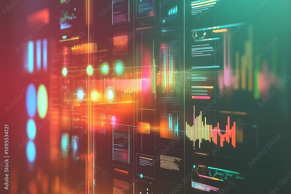 Aufkleber a vibrant digital interface displaying data visualizations and sound wave patterns.