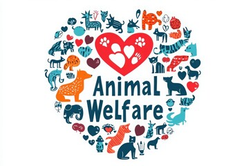 A heart-shaped arrangement of various animal illustrations surrounds bold text advocating for animal welfare. The design features cats, dogs, and playful elements, emphasizing compassion for animals.