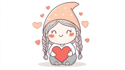 Cute girl gnome with red heart for holiday decoration