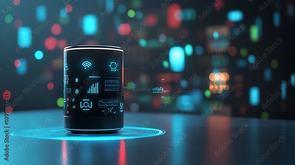 Poster a futuristic smart speaker with data visualizations in a digital environment.