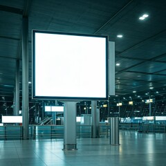 Blank illuminated billboard in a modern airport terminal with glass and metal architecture.