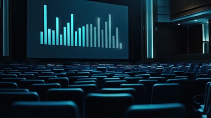 Obraz premium Modern Empty Cinema Theater with Data Visualization Displayed on Screen in a Mysterious and Stylish Atmosphere, Creating a Unique Visual Experience for Audiences